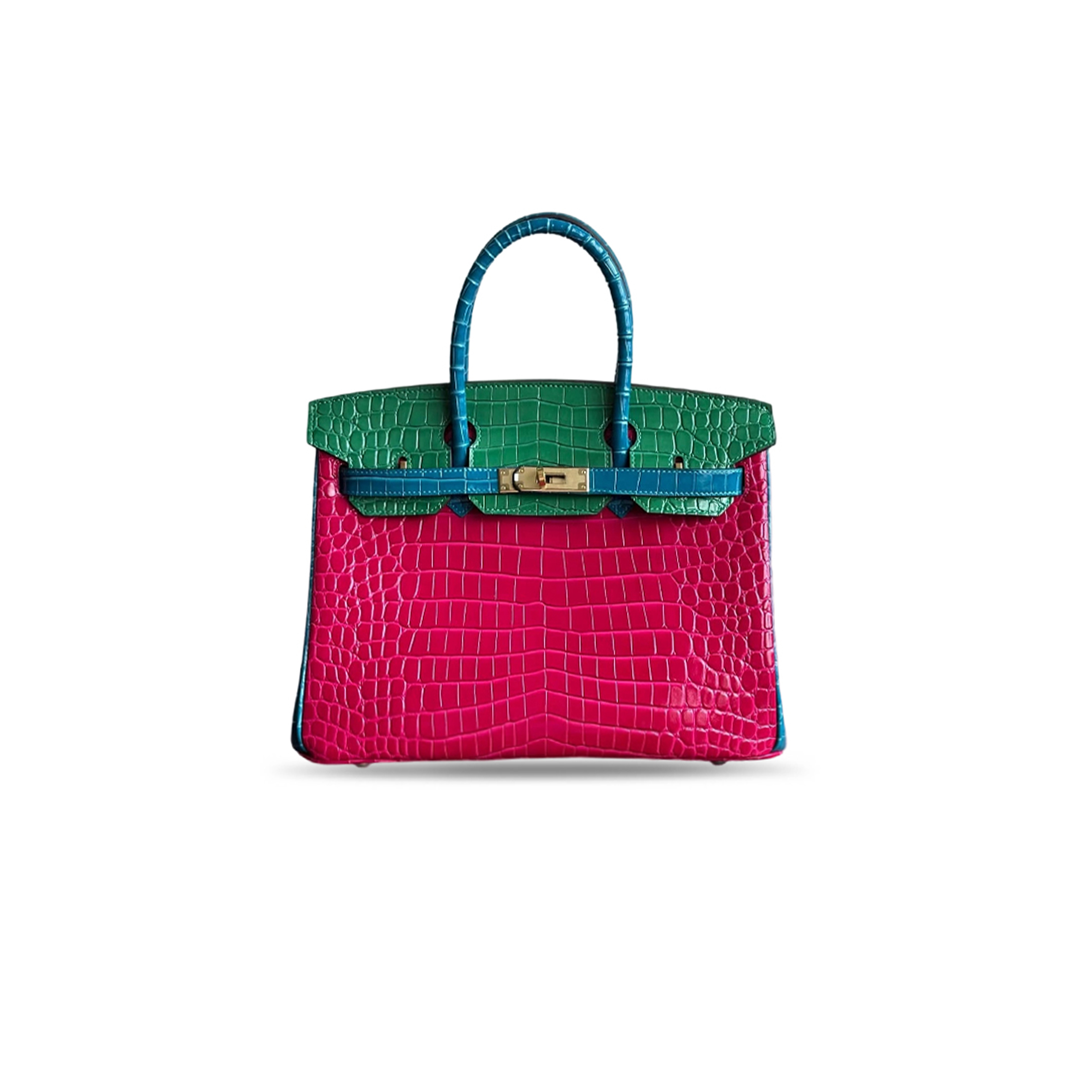 HERMÈS  MASTER SHINY ROSE SCHÉHÉRAZADE, VERT ÉMERAUDE & BLEU IZMIR NILOTICUS CROCODILE TRI-COLOR BIRKIN 30 WITH BRUSHED GOLD HARDWARE (30*22*16cm)